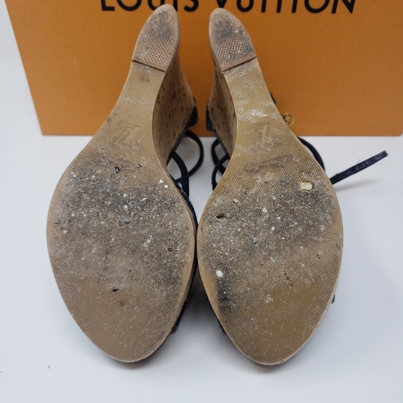 LOUIS VUITTON Monogram Denim Wedge Sandals, Size 35.5 - Picture 7 of 9
